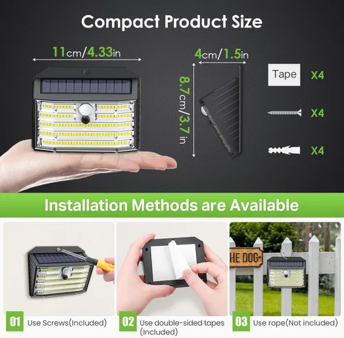 Miniatura 4 de CLAONER Luces solares para exteriores [126 LED], luces inalámbricas con sensor de movimiento, luces de seguridad impermeables IP65, 3 modos, ángulo
