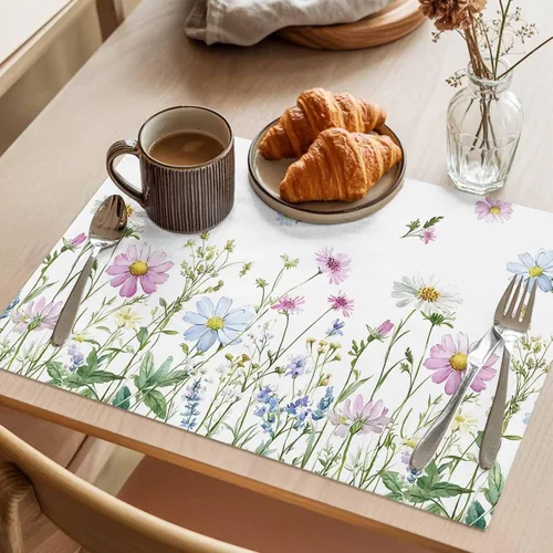 Miniatura 3 de Juego de 6 manteles individuales florales con flores de primavera, antideslizantes, lavables, coloridos manteles individuales de primavera para mesa