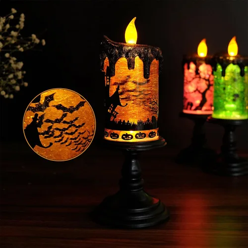Miniatura 6 de Vela sin llama de Halloween, globo de nieve, funciona con pilas con temporizador de 6 horas, calcomanía de murciélago de luz amarilla, lámpara