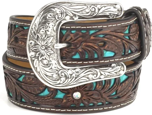 Miniatura 2 de ARIAT Cinturón floral marrón juvenil con incrustaciones de turquesa pintadas