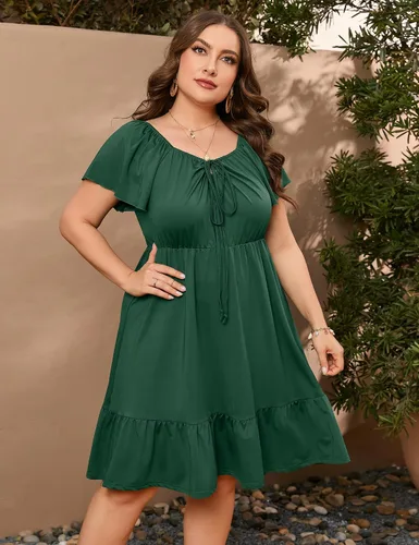 Miniatura 4 de ShopWonder Vestidos hawaianos de talla grande para mujer, vestido de cuello cuadrado, manga corta, casual, acampanado, vestido de verano