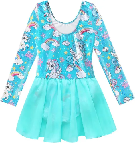Miniatura 16 de EQSJIU Leotardo de baile de manga larga para niñas, vestido de ballet brillante con copo de nieve, tutú con falda tutú para niñas