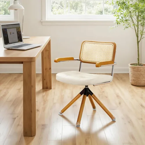 Miniatura 10 de Zouron Silla de escritorio moderna de mediados de siglo, silla de oficina de piel sintética sin ruedas, sillón giratorio con respaldo de ratán