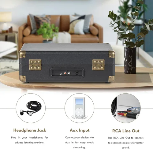 Miniatura 6 de Tocadiscos de vinilo portátil de 3 velocidades con Bluetooth con batería recargable, diseño retro de maleta, salida de línea Aux in/RCA y puertos