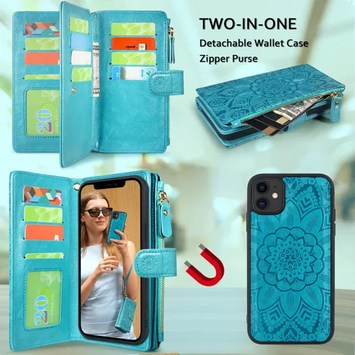 Miniatura 3 de Harryshell Cartera de cuero con cremallera magnética desmontable con bolsillo para efectivo con ranuras para tarjetas, correa de muñeca para iPhone
