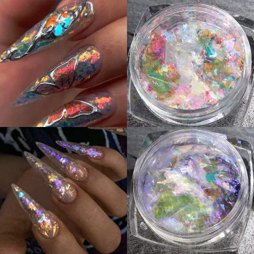 Miniatura 5 de Polvo de uñas cromado iridiscente, 6 cajas de copos de ópalo de fuego de cristal para arte de uñas, lentejuelas holográficas de sirena con purpurina