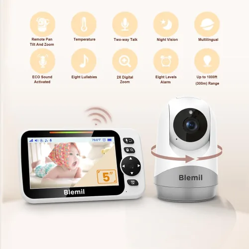 Miniatura 2 de Blemil - Monitor de bebé con batería de 30 horas, monitor de vídeo para bebé con pantalla grande dividida de 5 pulgadas, con cámara y audio, batería