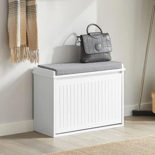 Miniatura 6 de Haotian Banco de zapatos pequeño, banco de almacenamiento con cojín de asiento extraíble, otomana para entrada y dormitorio, 2 cajones abatibles