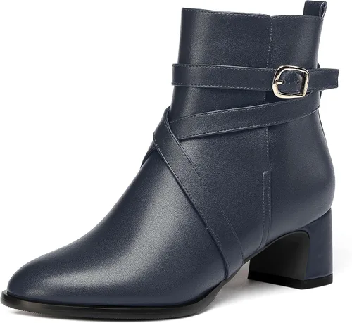 Miniatura 20 de WAYDERNS Botas altas de tobillo con hebilla casual para mujer, con correa de tobillo sólida mate, tacón bajo y grueso, 2 pulgadas