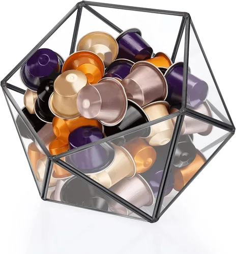 Miniatura 11 de ELLDOO Soporte para cápsulas de café de vidrio dorado, caja de vidrio de 14 caras de gran capacidad para tazas K y cápsulas Nespresso