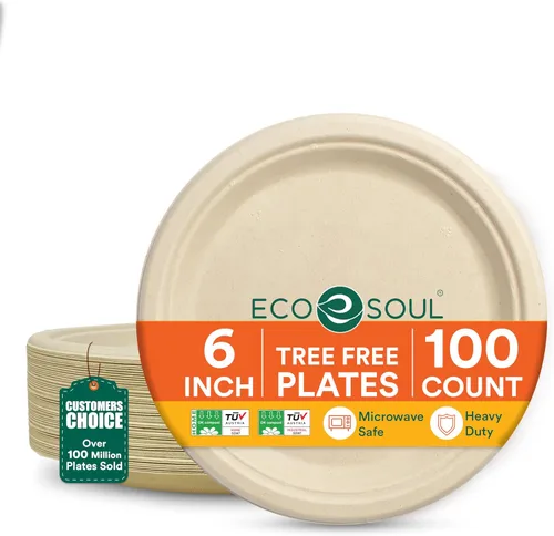 Miniatura 32 de ECO SOUL Compostable Paper Plates 9 Inch, 500 Pack – Heavy Duty Disposable Dinner Paper Plates, White Bagasse, Leak-Resistant, Microwave Safe