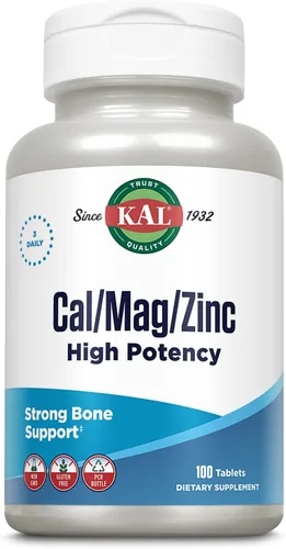 KAL Cal/Mag/Zinc | 1000 mg de calcio, 400 mg de magnesio y 15 mg de zinc | Apoyo para huesos, músculos, corazón y sistema inmunológico | 100