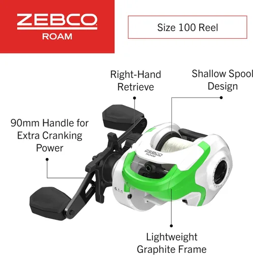 Miniatura 3 de Zebco Roam Carrete Baitcast y Combo de Caña de Pescar, Caña de Pescar de Fibra de Vidrio de 6 Pies 6 Pulgadas de 2 Piezas con Mango de Caña Verde