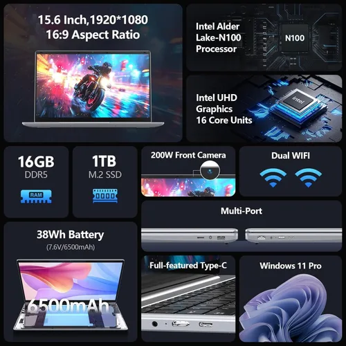 Miniatura 4 de 2026 última computadora portátil, 16 GB RAM 1 TB SSD, pantalla IPS 2K FHD de 15.6 pulgadas, 12ª CPU Quad Core N100 (3.4GHz), 2.4G/5G WiFi/BT5.0