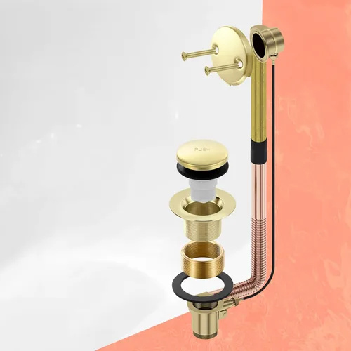 Miniatura 6 de Juego de Accesorios de Desagüe Tip-Toe Dorado para Bañera con Placa Frontal de Desbordamiento de Dos Agujeros, Kit de Ensamblaje de Desagüe