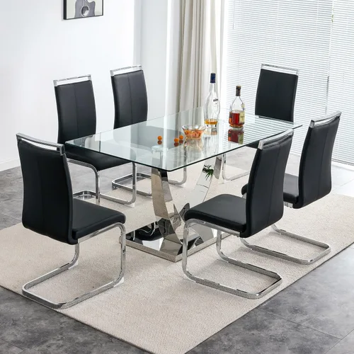 Miniatura 22 de Juego de mesa de comedor de 63 pulgadas para 4, juego de mesa de comedor dorado moderno para 4, juego de mesa de cocina de mármol sintético con negro