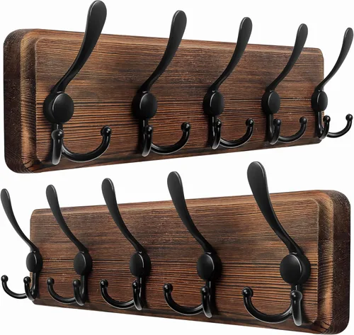 Miniatura 20 de Dseap Perchero de Pared Montado - 5 Ganchos Triangulares, Resistente, Perchero de Pared de Madera para Abriggos, Sombreros, Chaquetas, Ropa, Negro