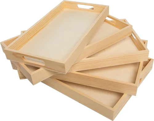 Miniatura 6 de Bandejas de madera anidadas para servir, bandejas rectangulares sin terminar con asas recortadas para manualidades, otomanos, servir y decoración