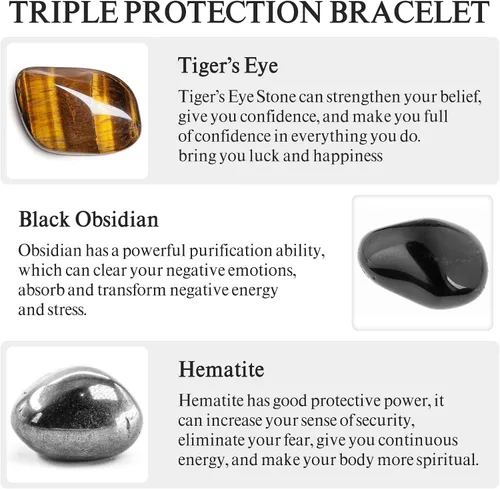 Miniatura 3 de Denchy Triple Protection Bracelet, Tigers Eye - Black Obsidian and Hematite Beaded Bracelets for Men Women, Tourmaline Spiritual Natural Crystal