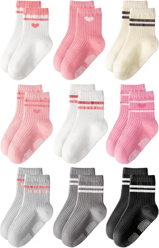 Miniatura 7 de HONGTEYA 9 pares de calcetines para niños pequeños, calcetines antideslizantes de algodón para bebés con agarres de 0 a 5 años