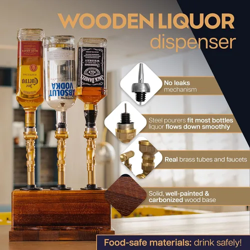 Miniatura 5 de Dispensador de licor de madera, base sólida, latón real, a prueba de fugas, dispensador de vertido suave para bar en casa, regalos de alcohol