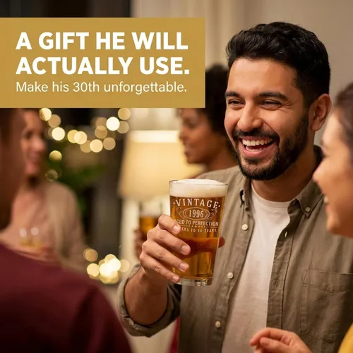 Miniatura 7 de Vaso de pinta grabado vintage de 1996 de 16 onzas – Regalos de feliz cumpleaños 30 para hombres y mujeres, saludos a cumplir 30 años de edad