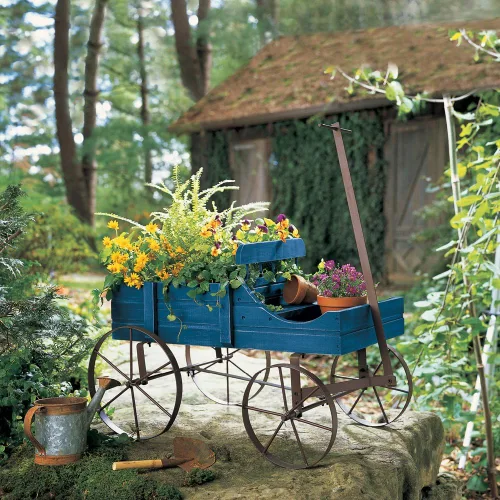 Miniatura 3 de Carreta Amish decorativa, maceta de jardín de atrás de interior y exterior, Azul
