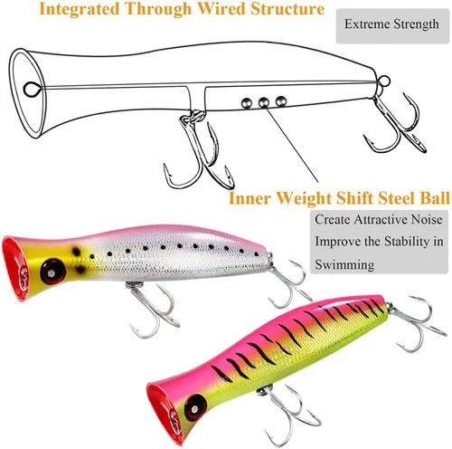 Miniatura 3 de THKFISH Topwater Señuelos de pesca de agua salada GT Popper con 3 ganchos fuertes, pesca de surf, 1 unidad/3 piezas 3 unidades de 3