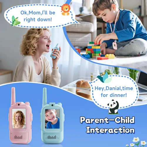 Miniatura 7 de Walkie Talkie para niños con video, paquete de 2 juguetes recargables para niños pequeños con cámara HD y cambiador de voz, radios bidireccionales