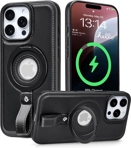 Butaiga - Funda para iPhone 12 Pro Max con correa de cuero, soporte de anillo, color negro | Finger Loop, Relieve Smartphone Pinky Strain,
