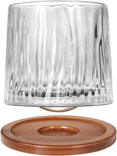 Miniatura 19 de Vaso de vidrio antiguo giratorio, 275ml/10oz de vidrio de whisky de cristal, posavasos de madera, engrosamiento, utilizado como vaso de ron, vaso
