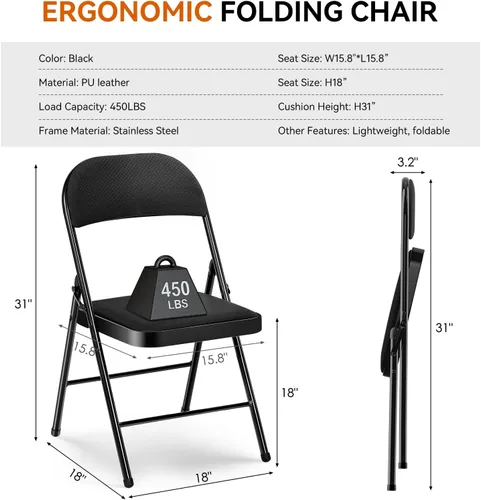 Miniatura 3 de Paquete de 6 sillas plegables con cojín acolchado, silla de metal con marco de acero de capacidad de 450 libras y asiento cómodo, silla plegable