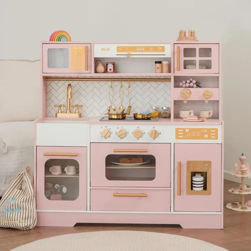 Cocina de Juguete de Madera Rosa para Niños - Electrodomésticos Realistas, Almacenamiento y 15 Accesorios Divertidos para Inspirar Juegos de