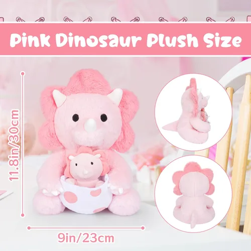 Miniatura 2 de Peluche de dinosaurio rosa, huevo de Pascua de 11.8 pulgadas, peluche de dinosaurio rosa con dinosaurio bebé para niños, peluche Kawaii Triceratops