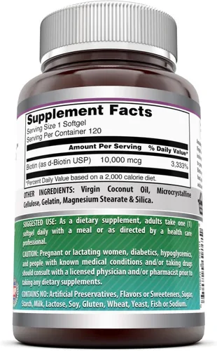 Miniatura 2 de Amazing Formulas Biotina con suplemento de aceite de coco orgánico extra virgen, 10000 Mcg, cápsulas blandas, sin OMG, sin gluten, fabricado