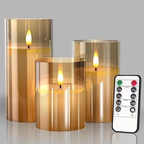 Velas LED de vidrio sin llama con control remoto y temporizador, velas de cera real, luz parpadeante de color cálido para decoración de festivales,