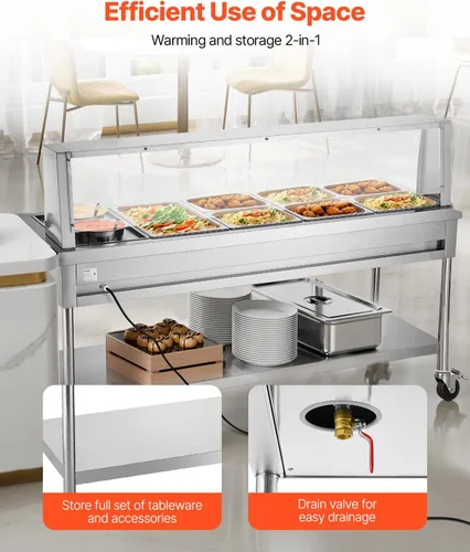Miniatura 6 de VEVOR Calentador de Alimentos Eléctrico Comercial, 7 Bandejas + 2 Ollas Mesa de Vapor, 1800W Calentador de Alimentos Profesional para Buffet