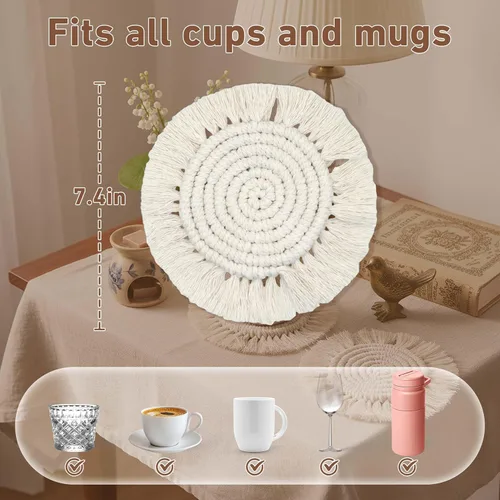 Miniatura 2 de Posavasos bohemios de 7.4 pulgadas para bebidas, posavasos absorbentes tejidos hechos a mano para escritorio, bonitos posavasos de granja para tazas