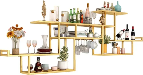 Miniatura 10 de Estantes de metal para bar, estante de vino montado en la pared con soporte colgante para copas de vino para exhibición de botellas de licor