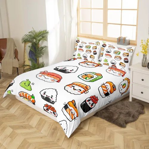 Miniatura 2 de Feelyou Juego de ropa de cama con patrón de sushi, funda de edredón de estilo japonés para niños, niñas, adolescentes, funda de edredón con temática