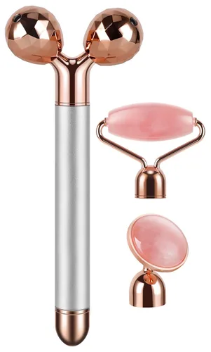 Rodillo de jade eléctrico 3D rodillo facial y masajeador facial, cuarzo rosa 3 en 1