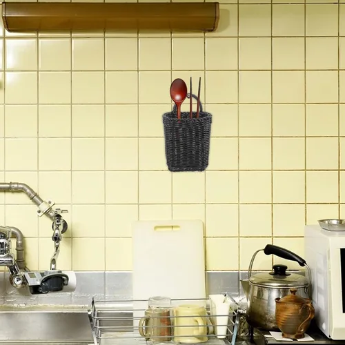 Miniatura 4 de Cabilock Organizador de cesta tejida para colgar en la pared para cocina y baño, mango decorativo de imitación de ratán para plantas, frutas