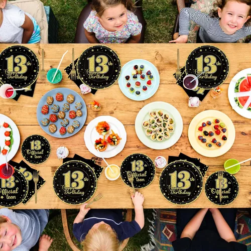Miniatura 5 de Juego de vajilla de 96 piezas para cumpleaños número 13, platos desechables oficiales para adolescentes de 13 años, platos de fiesta de cumpleaños