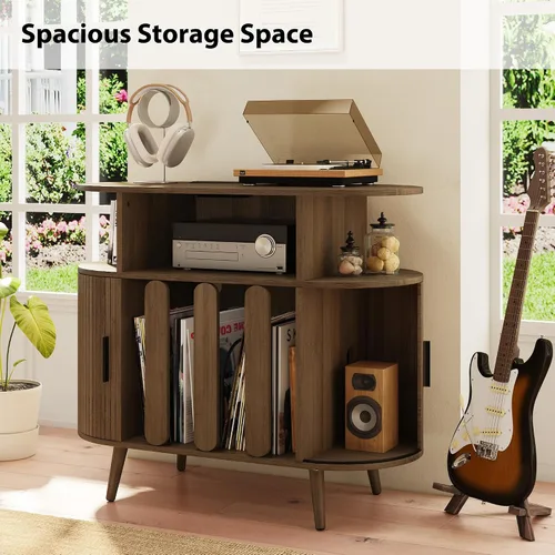 Miniatura 8 de Soporte grande para tocadiscos de 35.5 pulgadas con estación de carga, gabinete de almacenamiento de discos de vinilo, moderno soporte