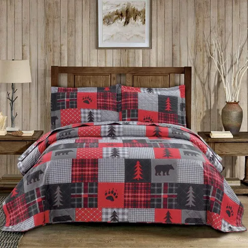 Juego de edredones rústicos de oso, tamaño matrimonial/queen, colcha a cuadros rojo y negro, ropa de cama ligera, colcha de cabaña de lodge, Rojo