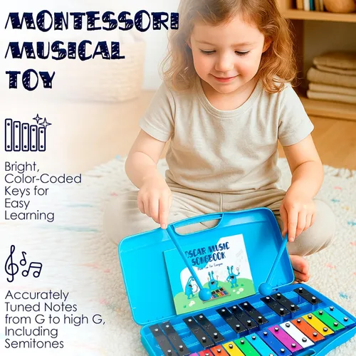 Miniatura 3 de MINIARTIS Glockenspiel Xilófono Xilófono de 25 notas con teclas metálicas coloridas para niños Instrumento musical de percusión Juguete Azul