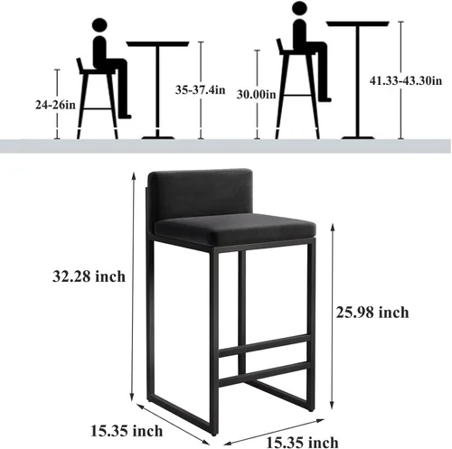 Miniatura 3 de Juego de 1/2 taburetes de bar, sillas de bar tapizadas de terciopelo con reposapiés, taburetes de encimera de cocina, marco de hierro de metal negro