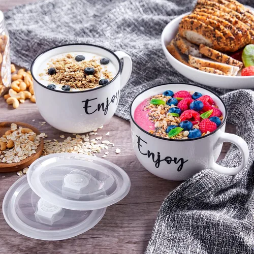 Miniatura 7 de DAYYET Tazas de sopa con asas y tapas ventiladas, cuencos de sopa aptos para microondas de 26 onzas, juego de tazas de cerámica para avena durante