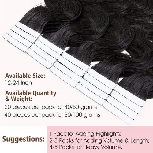 Miniatura 5 de Hairro Extensiones de cabello humano ondulado con cinta, cabello largo y fino, 12 pulgadas, 1.41 onzas, 20 unidades, color negro suave, sin