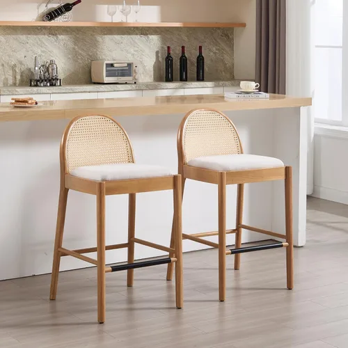 Miniatura 28 de HEAH-YO Taburetes de bar de ratán, juego de 2, taburetes de barra de 26 pulgadas de altura de mostrador con respaldos de ratán y patas de madera